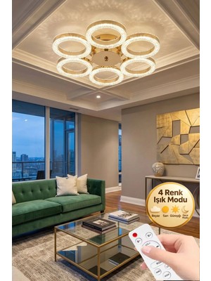 Aura Model Gold Kumandalı 6"lı Ledli 3 Renk Modu Kristal Salon Mutfak Yatak Çocuk Odası Avize