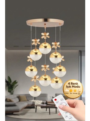 Vera Model 8'li Gold 3 Renk Modu Kristal Taşlı Modern Salon Mutfak Oturma Çocuk Odası LED Avize
