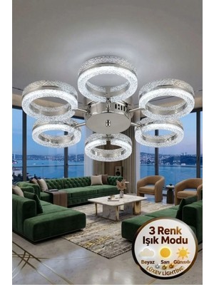 Mozaik Model Gümüş 6"lı Ledli 3 Renk Modu Kristal Salon Mutfak Yatak Çocuk Odası Avize