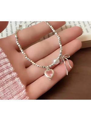 Erdo Ticaret Bileklik 925 Ayar Gümüş Kadın Fiyonk Figürlü Inci ve Kalp Taşlı Zarif Tasarım