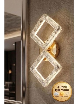 Kare Model 2"li Gold 3 Renk Modu Kristal Salon Mutfak Yatak Çocuk Odası Aplik