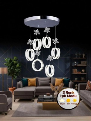 Mozaik Model 6'lı Gümüş 3 Renk Modu Ledli Kristal Taşlı Modern Salon Mutfak Oturma Odası LED Avize