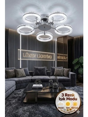 Mozaik Model Gümüş 5"li Ledli 3 Renk Modu Kristal Salon Mutfak Yatak Çocuk Odası Avize