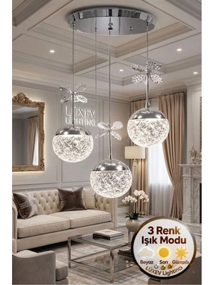 Güneş Model 3'lü Gümüş 3 Renk Modu Ledli Kristal Taşlı Modern Salon Mutfak Oturma Odası LED Avize