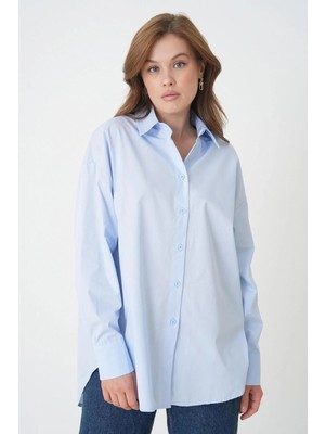 Minaaise Kadın Mavi %100 Pamuk Oversize Tunik Gömlek 30017