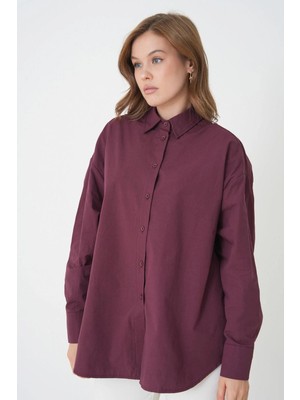 Minaaise Kadın Bordo %100 Pamuk Oversize Tunik Gömlek 30017