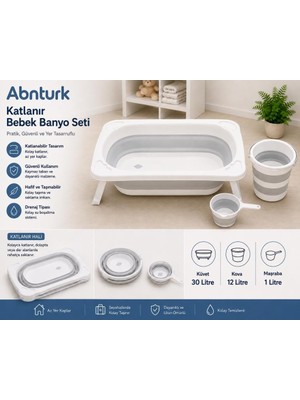 Abnturk 3'lü Katlanabilir Bebek Banyo Seti-Akordiyon Bebek Küveti Su Kovası  Maşraba Seti