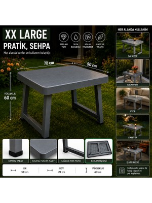 Poliwork Xx Large Katlanır Plastik Masa 70X50X60 cm Bahçe Balkon Kamp Piknik Sehpası Koyu Gri