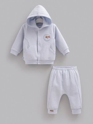 Caramell %100 Pamuk 3'lü Erkek Bebek Takımı - Kapüşonlu Çıtçıtlı Hırka, Baskılı Sweatshirt ve Pantolon Seti