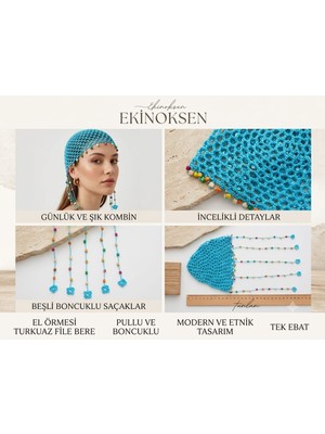 Ekinoksen Bohem Pullu ve Boncuklu File Detaylı Bandana,bere,şapka