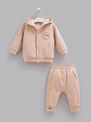 Caramell %100 Pamuk 3'lü Erkek Bebek Takımı - Kapüşonlu Çıtçıtlı Hırka, Baskılı Sweatshirt ve Pantolon Seti