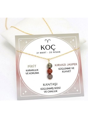 Taşmir Koç Burcu Doğal Taş Altın Kaplama Zincirli Kolye - Pirit, Kırmızı Jasper & Kantaşı
