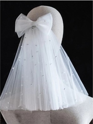 Bba New Trend Çift Katlı Boncuklu Fiyonk Duvak - Gelin Duvağı, Nikah, Duvağı,tül, Beyaz ,beyaz Incili Duvak 40CM