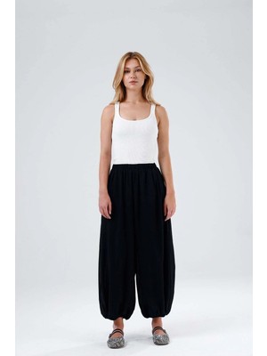 Minaaise Astarlı Vual Beli Lastikli Şalvar Pantolon Siyah 31179