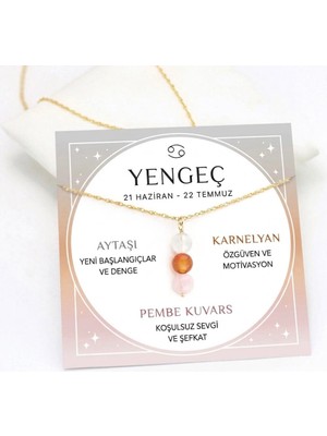 Taşmir Yengeç Burcu Doğal Taş Altın Kaplama Zincirli Kolye Aytaşı, Karnelyan ve Pembe Kuvars