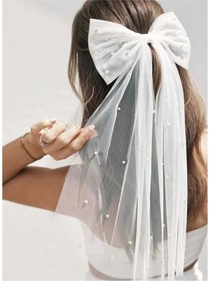 Bba New Trend Boncuklu Fiyonk Duvak - Gelin Gelinlik Için, Nikah, Duvağı,tül, Beyaz ,beyaz Incili Duvak 40CM
