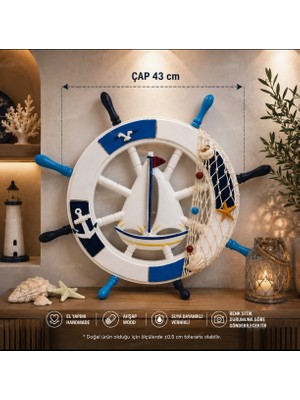 WoodBay El Yapımı Ahşap Gemi Dümeni Duvar Dekoru Yelkenli Marin Duvar Süsü 43 cm Deniz Temalı Ev Dekorasyonu