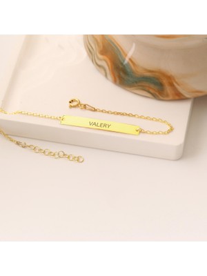 Nox Jewelry 925 Ayar Gümüş 14 Ayar Altın Kaplama Kişiye Özel İsim Yazılı Dikdörtgen Plaka Bileklik - CB00103