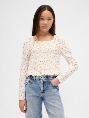 Gap Kız Çocuk Krem Smocked Kare Yaka Bluz