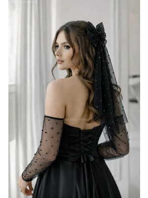 Bba New Trend 2 Parça Incili Kolluk Eldiven-Boncuklu Saç Fiyonk Gelin Saç Aksesuarı Nikah Nişan Davet Şık Tasarım
