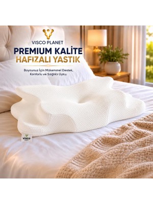 Visco Planet Ortopedik Visco Boyun Yastığı Memory Foam Boyun Destekli Ergonomik Uyku Yastığı 62X42X13/10 cm