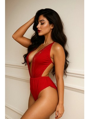 Nimse Love Kırmızı Dantelli Derin V Dekolteli Body - NNT0009261-3102