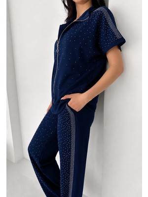 Motiv Serpme Taşlı Yelek/ Pantolon Modal Alt-Üst Takım