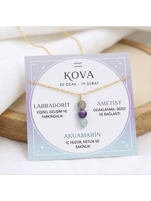 Taşmir Kova Burcu Doğal Taş Altın Kaplama Zincirli Kolye - Labradorit, Ametist & Akuamarin