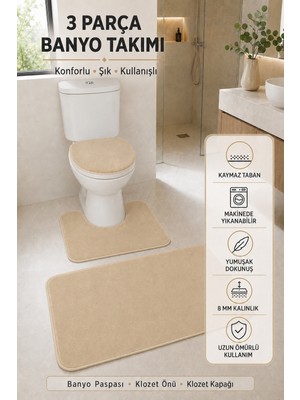 Tepehan 3’lü Banyo Paspası Halısı Seti Kaymaz Tabanlı Yıkanabilir Klozet Takımı