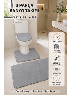 Tepehan 3’lü Banyo Paspası Halısı Seti Kaymaz Tabanlı Yıkanabilir Klozet Takımı