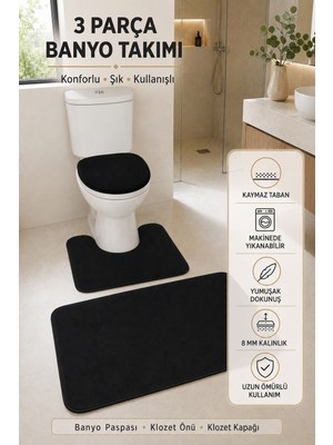 Tepehan 3’lü Banyo Paspası Halısı Seti Kaymaz Tabanlı Yıkanabilir Klozet Takımı