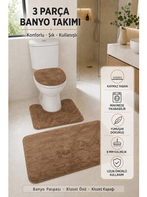 Tepehan 3’lü Banyo Paspası Halısı Seti Kaymaz Tabanlı Yıkanabilir Klozet Takımı