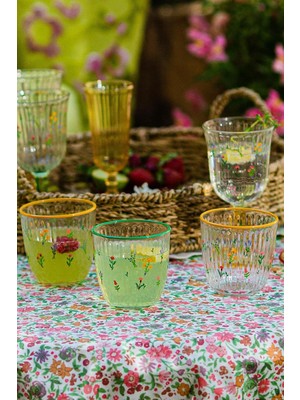 Zemira Rakle Botanical Su Bardağı - Sarı-Yeşil Rim Detaylı - 4 Parça 290CC Kapasiteli - Öze