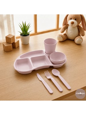 Melkan Home Çocuk Tabldot Kahvaltılık 5 Bölmeli Tabldot Set Kase Bardak Çatal Bıçak Kaşık Set