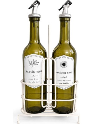 Zemira Orret 750 ml 2’li Yağdanlık Seti Beyaz Metal Stand, Zeytinyağı Ayçiçek Yağı Şişesi, Sızdırm