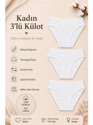 Nicoletta Kadın Külot 3 Lü Paket Likralı Pamuklu Beli Geniş Lastikli Transparan Şeffaf Beyaz