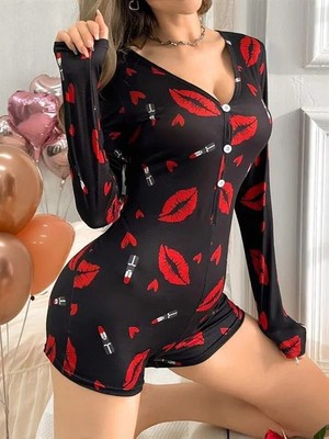 Lizbon Center Pamuklu Kırmızı Ruj ve Öpücük Desenli Düğmeli Uzun Kol Tulum Pijama