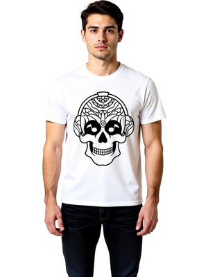 PayBuy Erkek Mandala Kafatası Kulaklık Baskılı Sanat Tişört Geometrik Desen Rahat Kesim Günlük Modern Şık