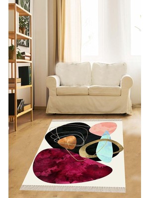 Zemira Pelangi Geometrik Şekiller Desenli Renkli Dijital Baskı Yıkanabilir Kaymaz Taban Halı, Bej 80 x 350