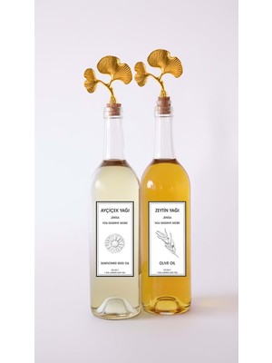 Zemira Altın Ginkgo Akıtmaz Tıpalı Dibi Çukur Şeffaf Cam Şişe 2'li 750 ml Yağdanlık Yağlık