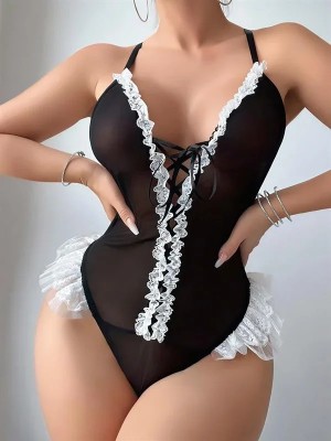 Lizbon Center Siyah Dantel Işlemeli Sırt Dekolteli Body