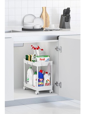 Zemira Beyaz 2 Katlı Tekerlekli Düzenleyici Mutfak Banyo Rafı