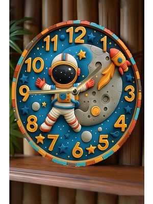 Zemira Astronot Ay Temalı Mdf Çocuk Duvar Saati – 3D Görünümlü 2d Baskı Sessiz Mekanizma SDW239,SDW2