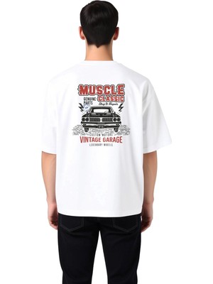 PayBuy Erkek Oversize Vintage Araç Tamiri Klasik Otomotiv Baskılı Tişört Rahat Kesim Günlük Modern Şık