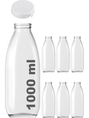 Zemira 1000 ml Şeffaf Sürahi Süt, Ayran, Su, Limonata, Meşrubat Şişesi 1000 cc Yırtmalı Kapaklı Cam Şişe 6