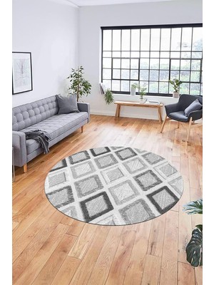 Zemira Baskılı Kaymaz Yıkanabilir Baklava Desen Yuvarlak Mutfak Halısı Salon Halısı Y-Modern-66, Gri, 120