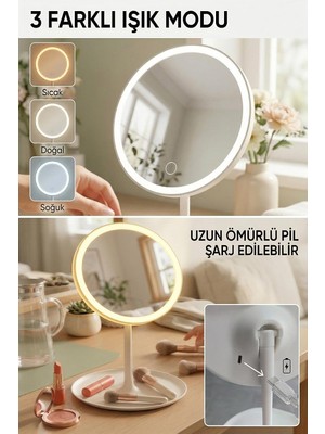 Zemira Ledli Yuvarlak Ayna Işıklı Mini Makyaj Aynası 3 Farklı Işık Modu cm Beyaz