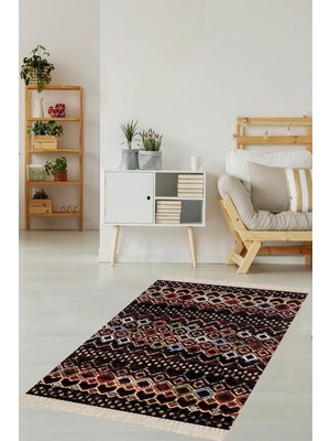 Zemira Pelangi Kahverengi Geometrik Karo Desenli Dijital Baskı Yıkanabilir Kaymaz Taban Etnik Kilim Desen