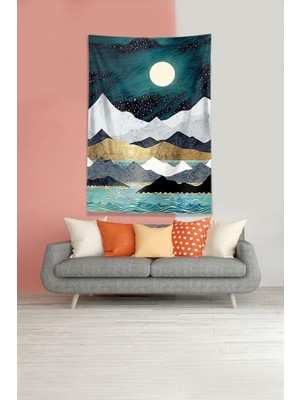 Zemira Pelangi Mavi-Beyaz Ay Tutulması Tutmaz Kadife Kumaş Duvar Örtüsü Duvar Halısı Tapestry WLL326,
