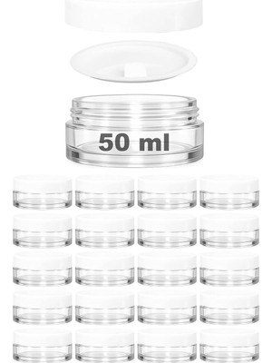 Zemira 50 ml Kapaklı Kozmetik Kavanozu 50 cc Şeffaf Cam Kavanoz (20 Adet, Plastik Beyaz Kapak)